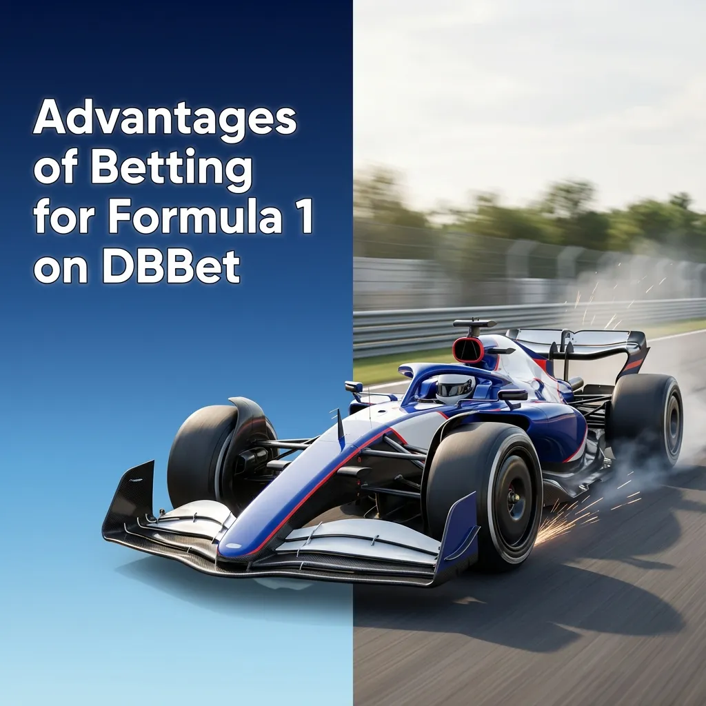 DBBet Formula 1 betting advantages list with icons, highlighting TZ currency, mobile app, cash-out, and wide F1 markets