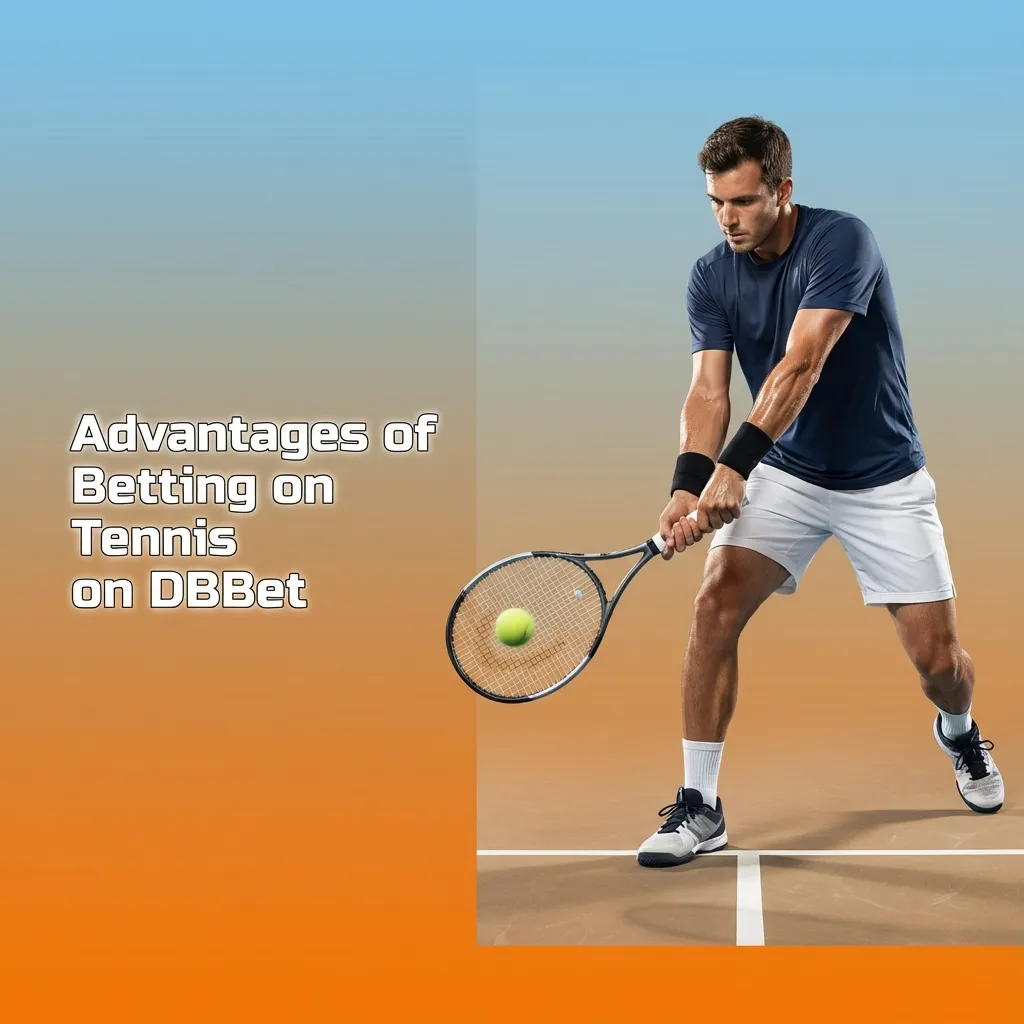 Graphic listing DBBet tennis betting benefits: wide tournament coverage, TZS currency, live bets, multiple bet types, app access