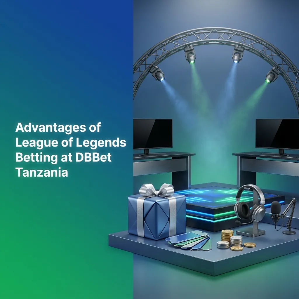 Infographic titled “Advantages of League of Legends Betting at DBBet Tanzania” listing bonuses, local payments, odds, app, and support.