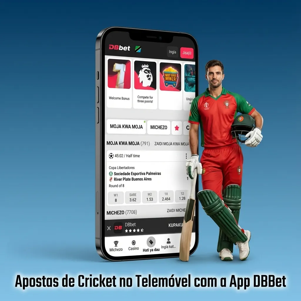 Mão segurando smartphone com app DBBet aberta em ecrã de apostas de cricket, odds e eventos ao vivo visíveis