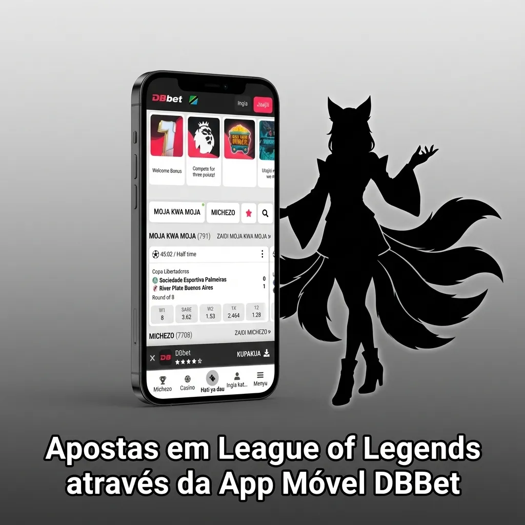 Mão a segurar smartphone com app DBBet aberta em apostas de League of Legends, interface clara e moderna