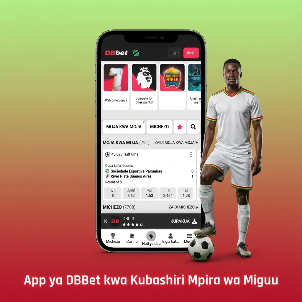 Mtu akitumia app ya DBBet kubashiri mechi za mpira wa miguu kwenye simu ya mkononi, skrini ikionyesha odds na mechi.