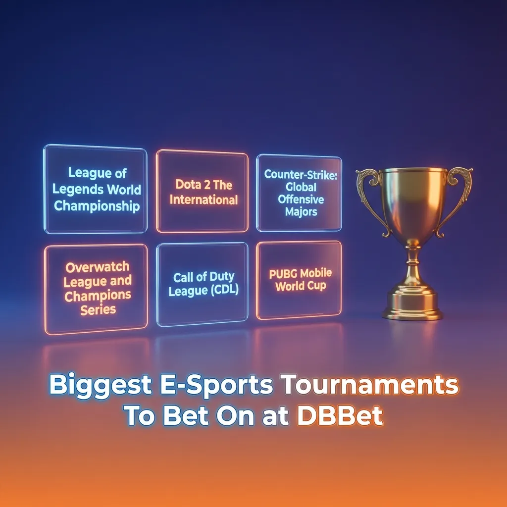 Graphic titled “Biggest E-Sports Tournaments To Bet On at DBBet” listing top events for major competitive games