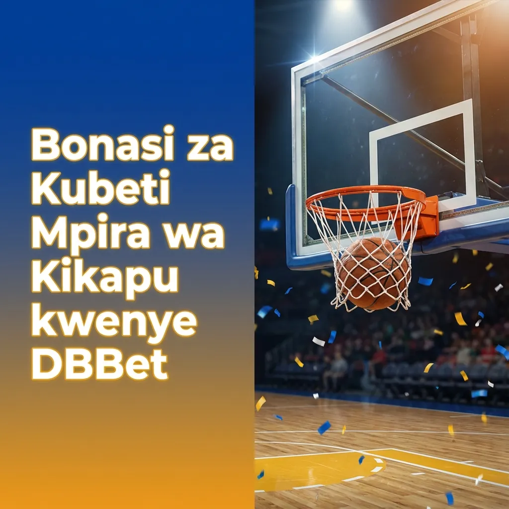 Bango la matangazo ya DBBet likionyesha bonasi ya kubeti mpira wa kikapu kwa watumiaji wapya, na mpira ukiruka kuelekea kikapu