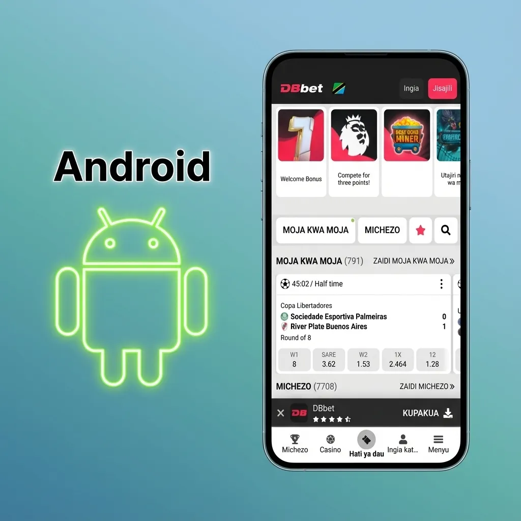 Smartphone Android mostrando a instalação da app DBBet via APK oficial, com ícones de aposta e interface moderna
