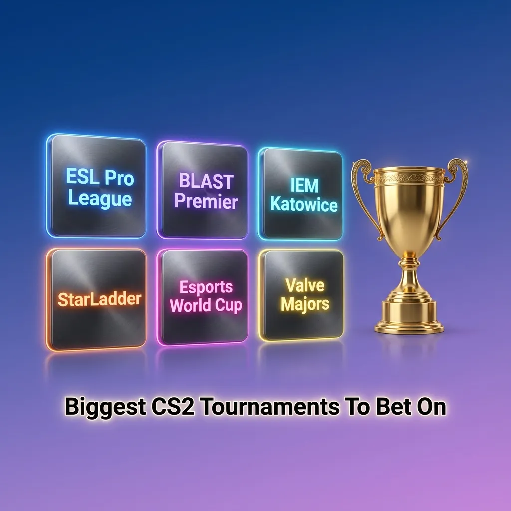 Graphic listing major CS2 tournaments to bet on, including Valve Majors, ESL Pro League, BLAST, IEM, and Esports World Cup.