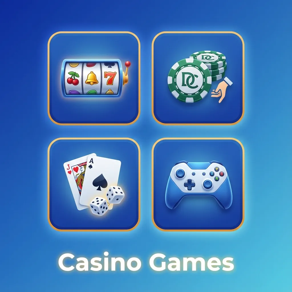 Online casino lobby showing slots, roulette, blackjack, poker, and live dealer tables on a glowing digital interface