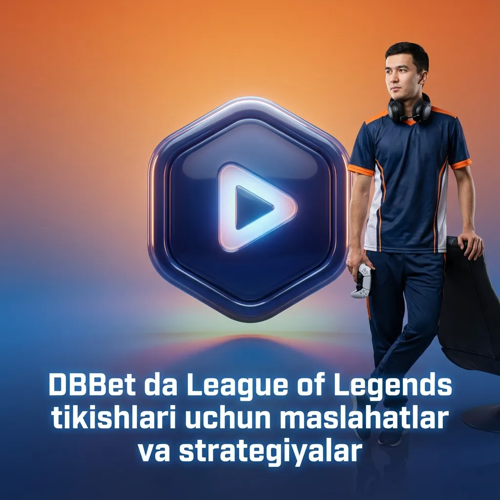 DBBet banner: League of Legends betting tips with icons for bankroll, stats, patches, teams and strategy list in Uzbek