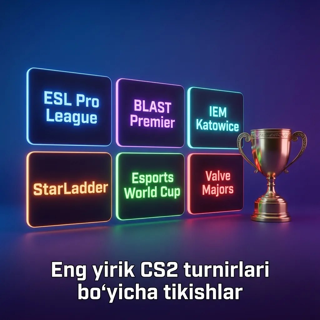 CS2 arena fonida ESL Pro League, BLAST, IEM, Majors logolari va yonida tikish koeffitsientlari ko‘rsatilgan экран