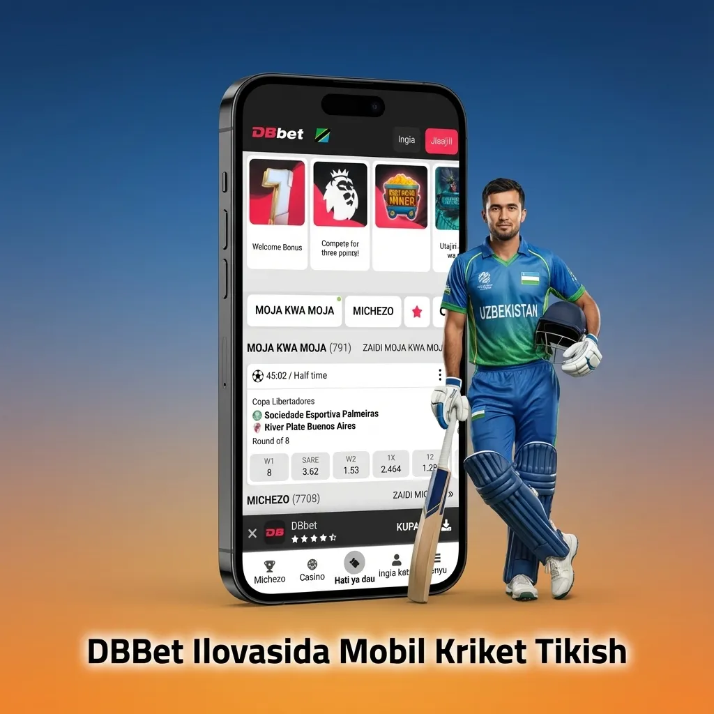 Telefon ekranida DBBet kriket tikish ilovasi interfeysi, matchlar va kursorli koeffitsientlar ko‘rsatilgan