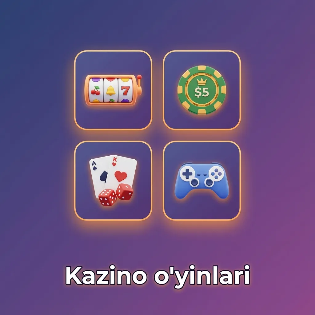 Onlayn kazino: slotlar, ruletka, blackjack va jonli diler stol o‘yinlari tanlovi aks etgan rangli interfeys