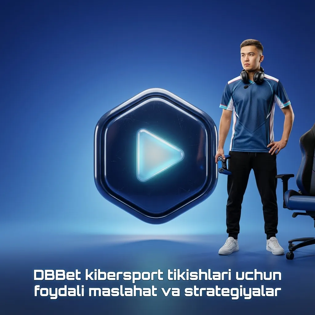 Grafik: DBBet logosi fonida e-sport arenasi, yonida tikish strategiyalari va bankroll boshqaruvi yozilgan punktlar.