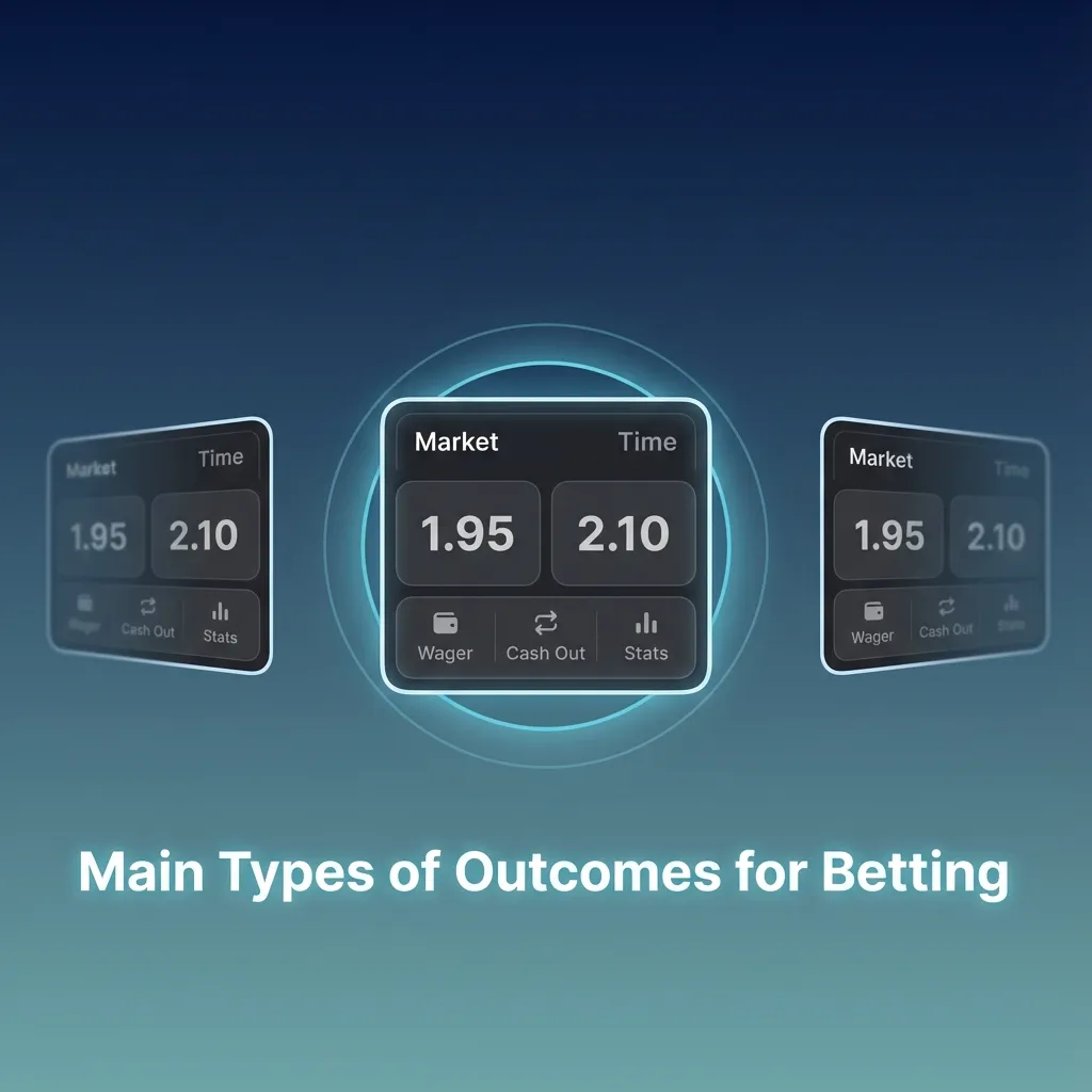 Infographic showing main sports bet outcomes: 1X2, double chance, totals, handicap/spread, and both teams to score.