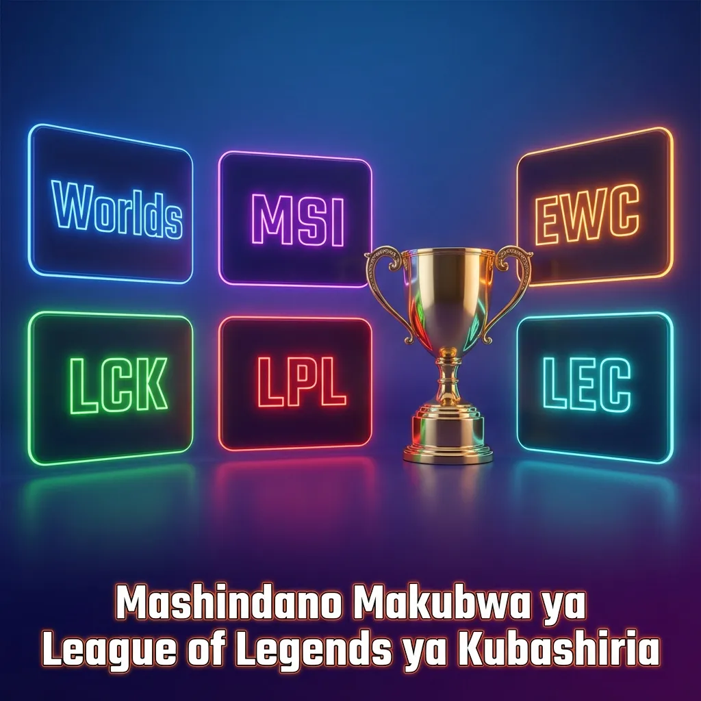 Poster ya mashindano makubwa ya League of Legends na logi za Worlds, MSI, EWC, LCK, LPL, LEC juu ya nembo ya DBBet