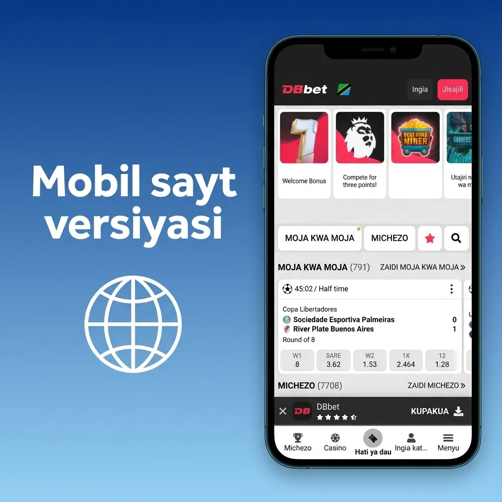Telefon ekranida ochilgan DBBet mobil sayti, menyular va tikish bo‘limi bilan ko‘rsatilgan