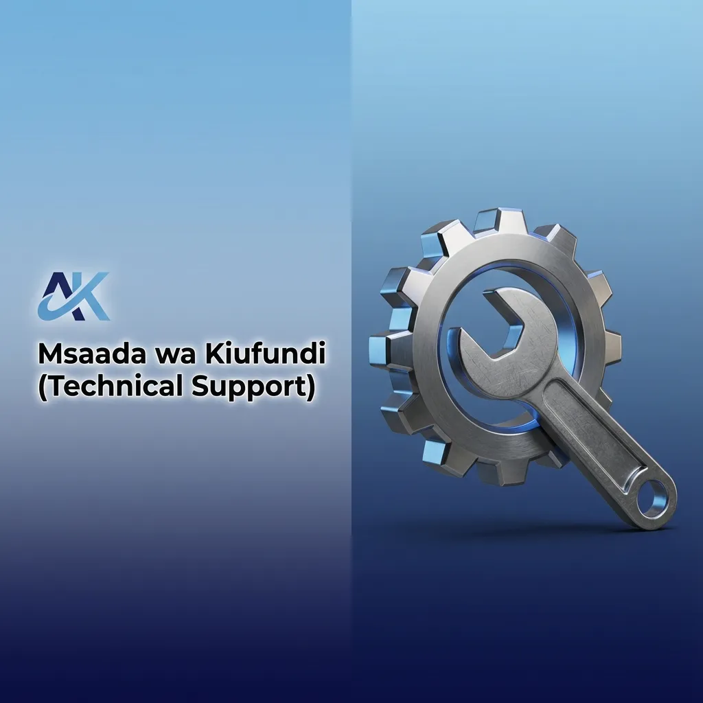 Mchoro wa msaada wa kiufundi: mteja akiongea na timu ya IT kuhusu matatizo ya tovuti, app na miamala ya mtandaoni