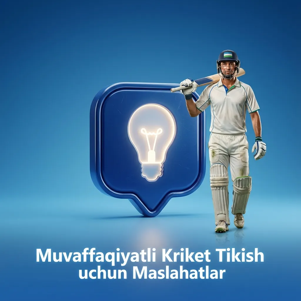 Grafikli banner: “Muvaffaqiyatli Kriket Tikish uchun Maslahatlar” sarlavhasi va kriket stadionida o‘yin tasviri