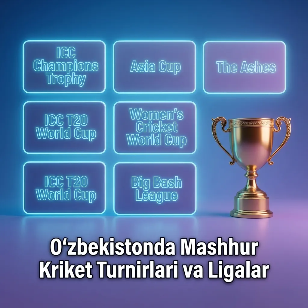 O‘zbek tilidagi banner: ICC Kriket Jahon chempionati, T20, The Ashes va IPL kabi mashhur kriket ligalari tasviri