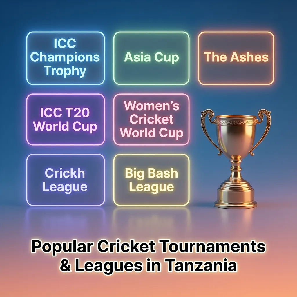 Graphic titled “Popular Cricket Tournaments & Leagues in Tanzania” with icons for World Cup, T20, Tests, and betting markets