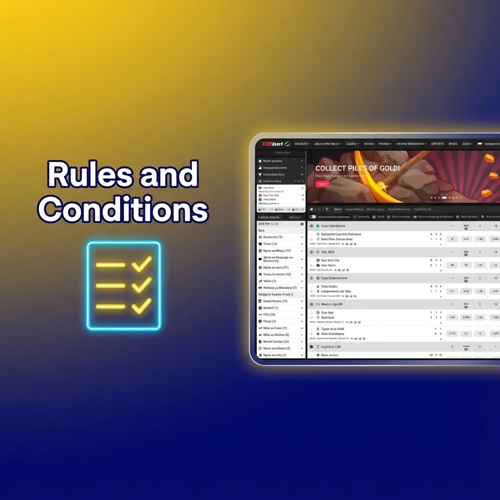 Illustration of DBBet Tanzania rules and conditions, highlighting age limit, single account, bonuses, and verification.