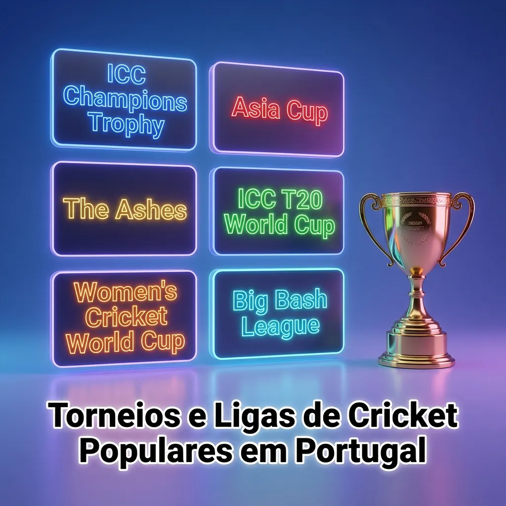 Ilustração de torneios de cricket globais e ligas T20, com destaque para apostas esportivas em plataforma online portuguesa