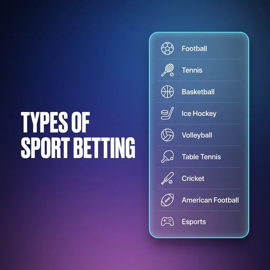 Graphic titled “Types of Sport Betting” showing icons for football, basketball, tennis, cricket, rugby and betting options.