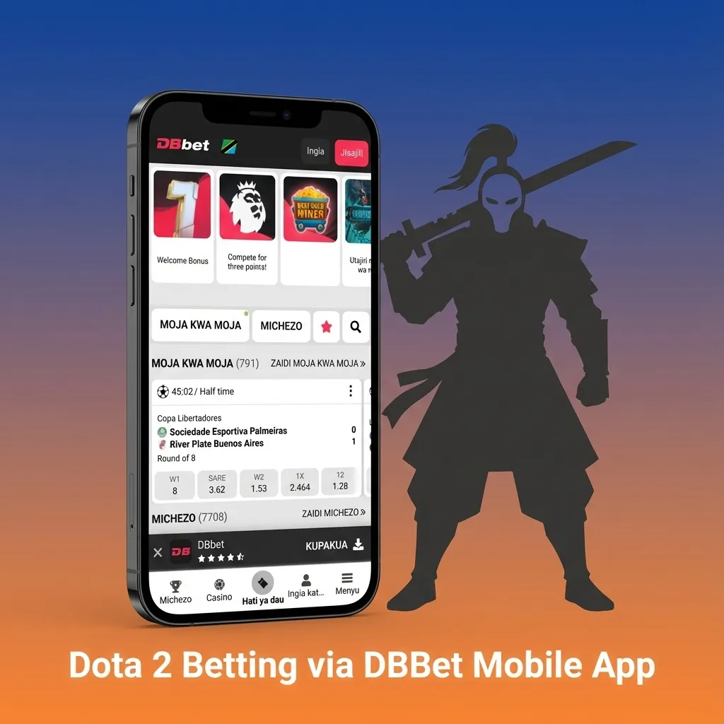 Smartphone displaying DBBet app Dota 2 betting screen with live odds, bet slip, and Tanzanian mobile payment options