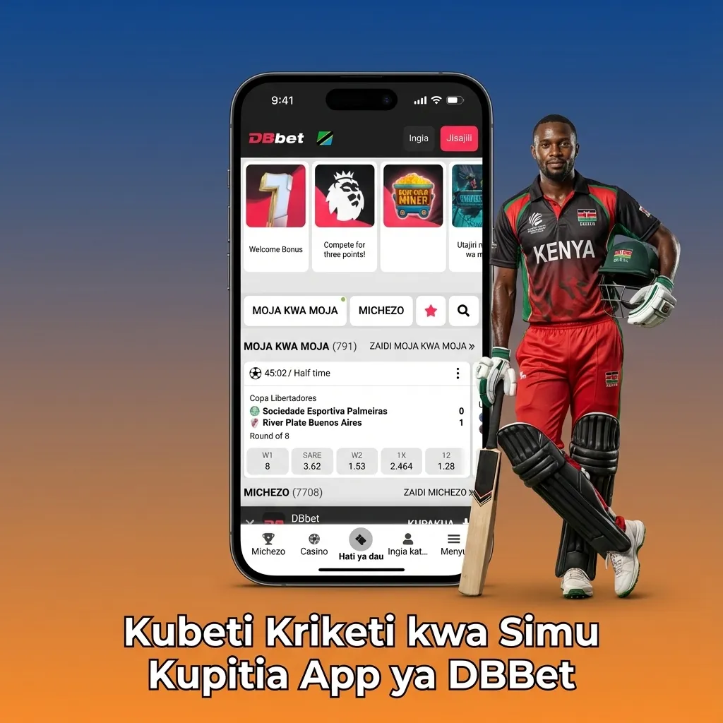 Mchezaji akiweka dau za kriketi kwenye app ya DBBet kwenye simu ya mkononi, skrini ikionyesha mechi na odds mubashara