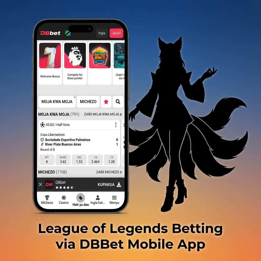 Smartphone displaying DBBet mobile app with League of Legends betting markets and live match stats on screen