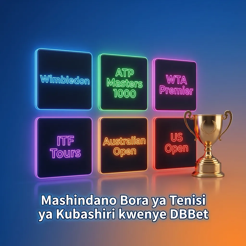 Mchezaji wa tenisi akipiga backhand uwanjani, nembo ya DBBet na orodha ya mashindano makubwa ya kubashiri