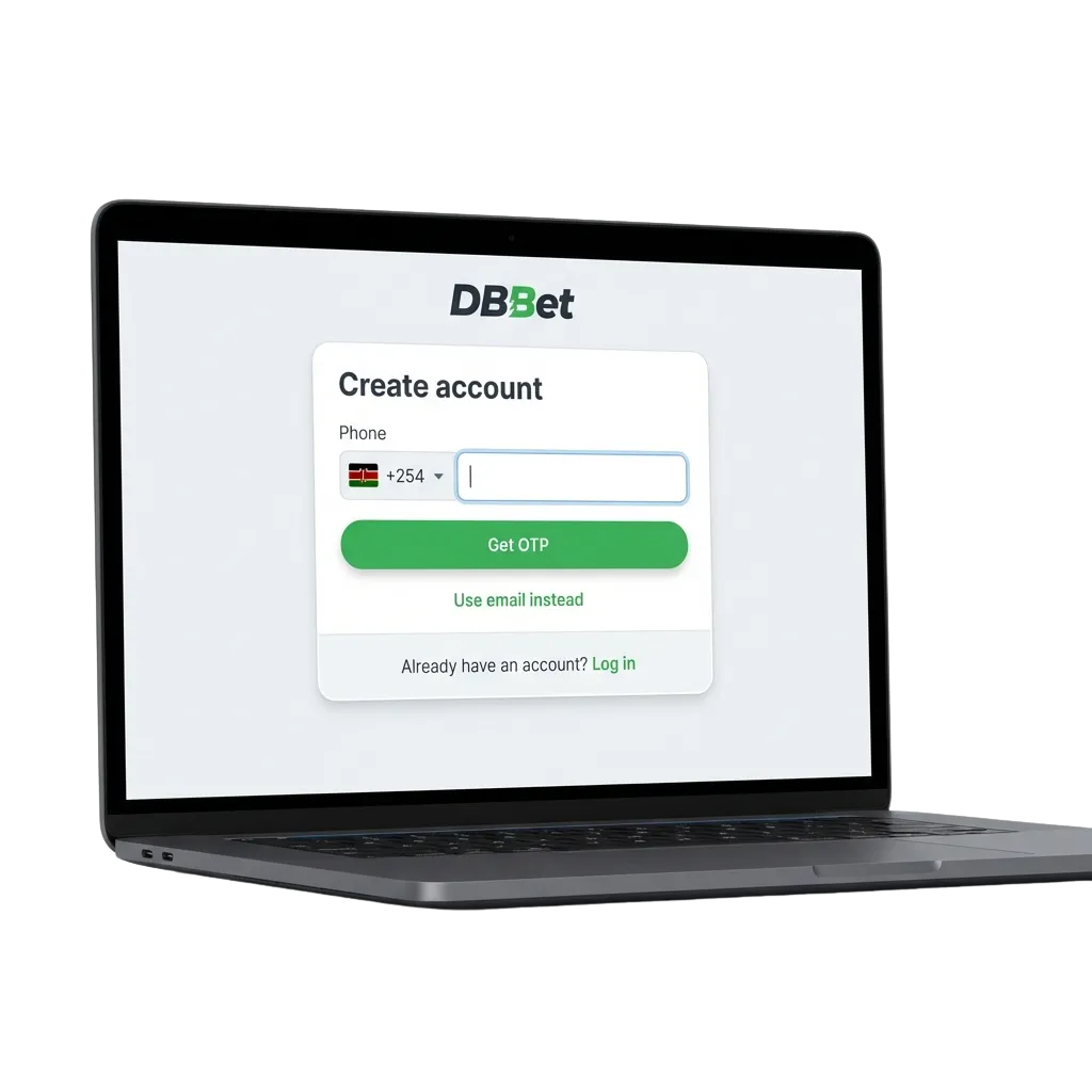 Mchoro wa hatua za usajili wa DBBet Kenya ukionyesha chaguo za simu, barua pepe, ofa ya 200% na michezo ya kasino