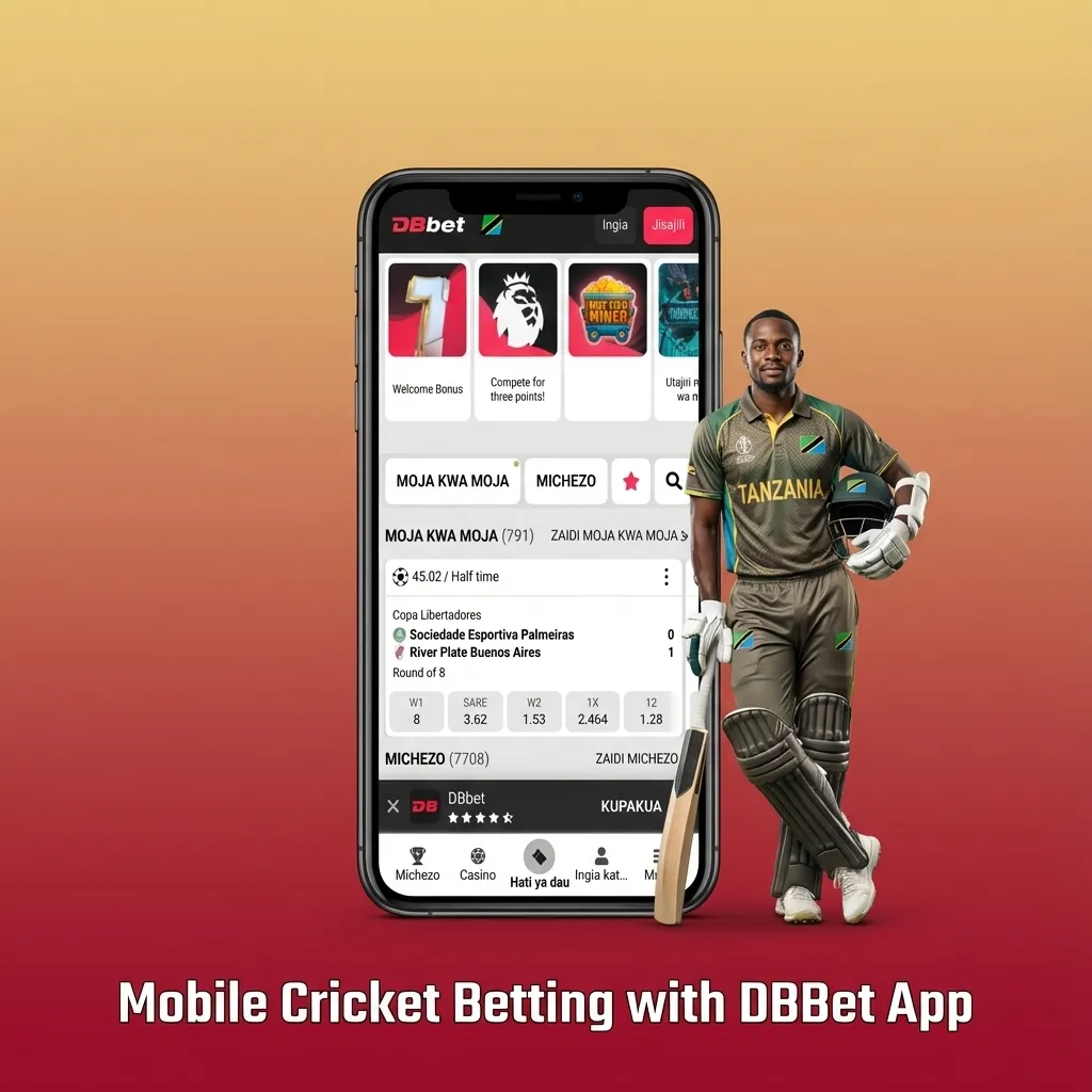 Smartphone showing DBBet app cricket betting screen with live odds, match list, and bet slip options