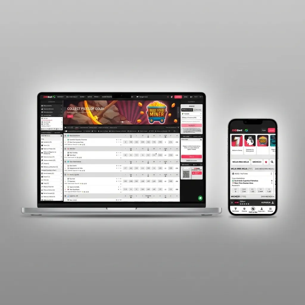 Skrini ya tovuti ya DBBet Kenya ikionyesha menyu ya michezo, slip ya bet kulia, na vitufe vya kuingia na kujisajili.