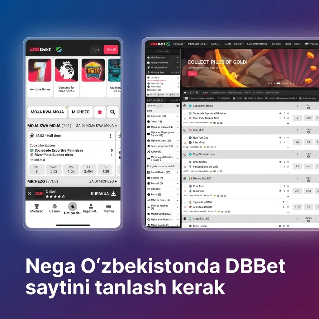DBBet sayti sahifasi, o‘zbek tilidagi interfeys, sport tikish va kazino bo‘limlari, mahalliy valyuta ta’kidlanga