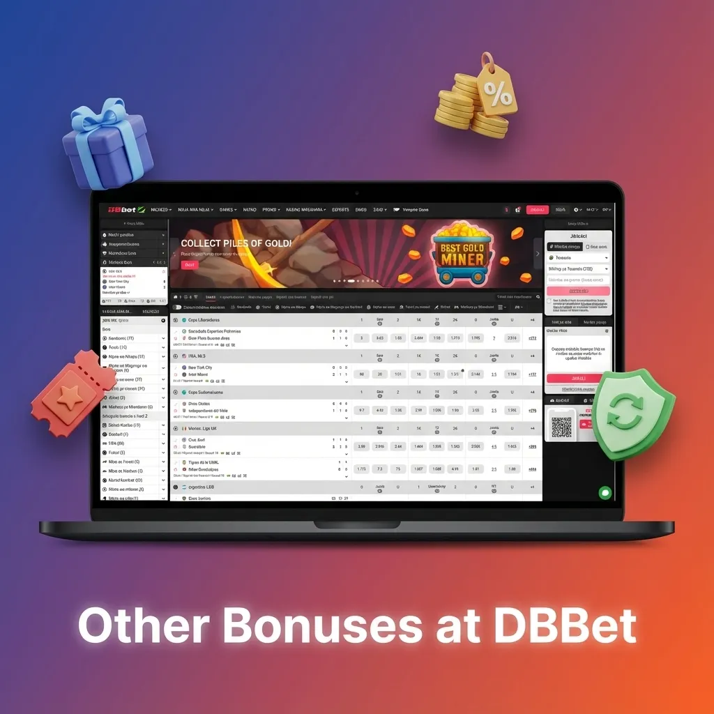 DBBet “Other Bonuses” page showing icons and brief descriptions of reload, cashback, free spins, sports, and VIP rewards.
