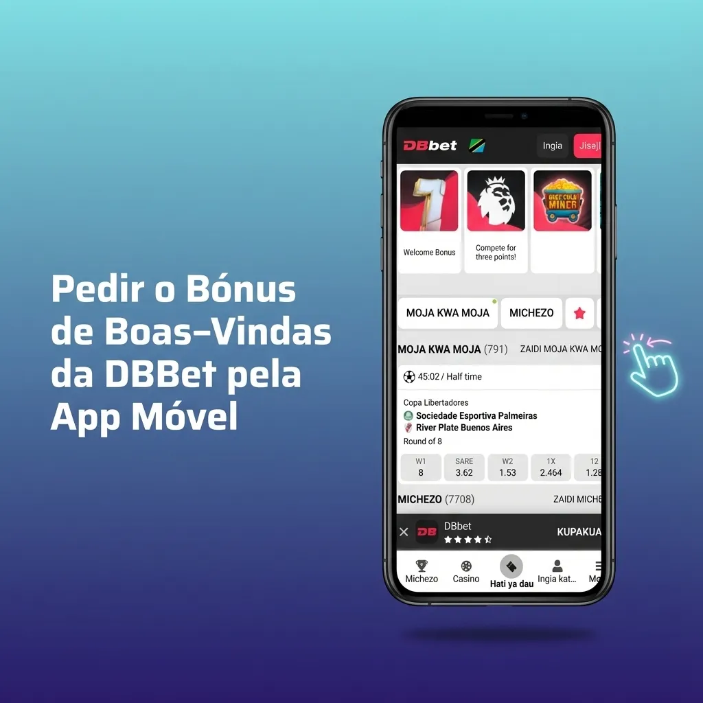 Ecrã de smartphone com app DBBet aberta, destacando registo, depósito inicial e pedido de bónus de boas‑vindas móvel