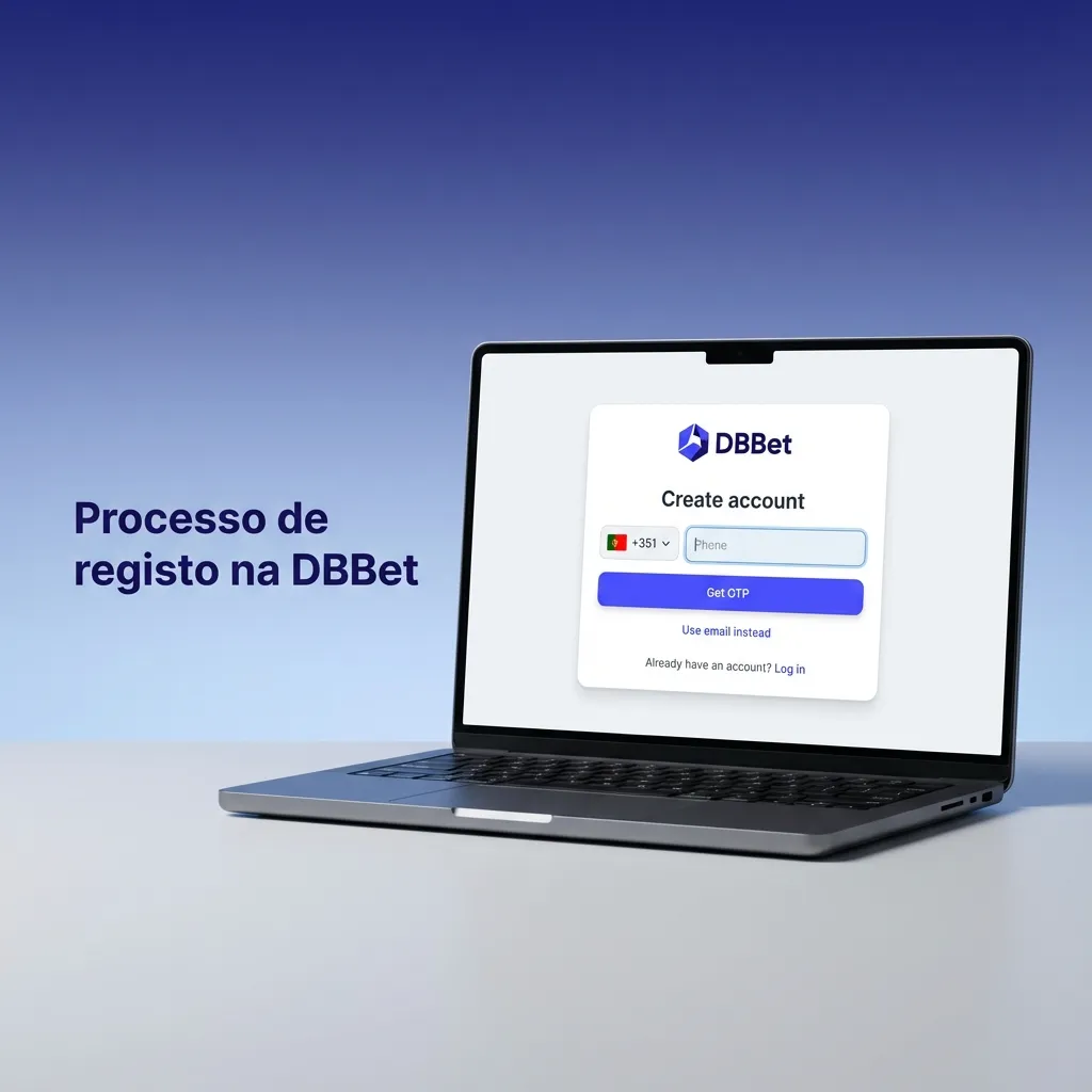 Ilustração do processo de registo DBBet, com passos numerados e ícones para e‑mail, telemóvel e redes sociais