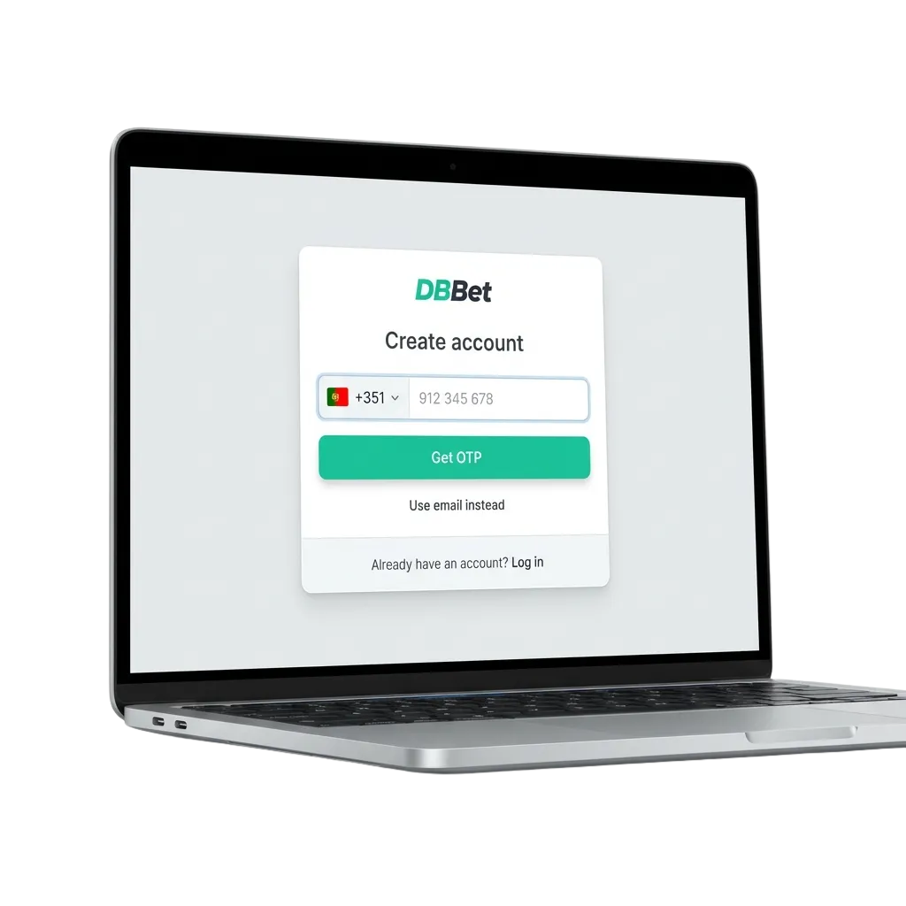 Ecrã de registo na DBBet Portugal com opções de criar conta e destaque do bónus de boas‑vindas de 200% até 1.500 €