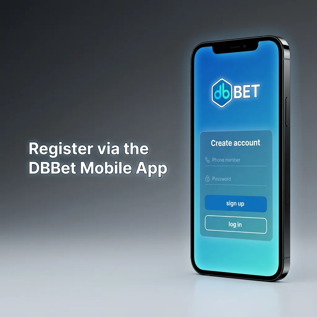 Illustration of a person registering on the DBBet mobile app, showing steps to sign up and start betting on a smartphone