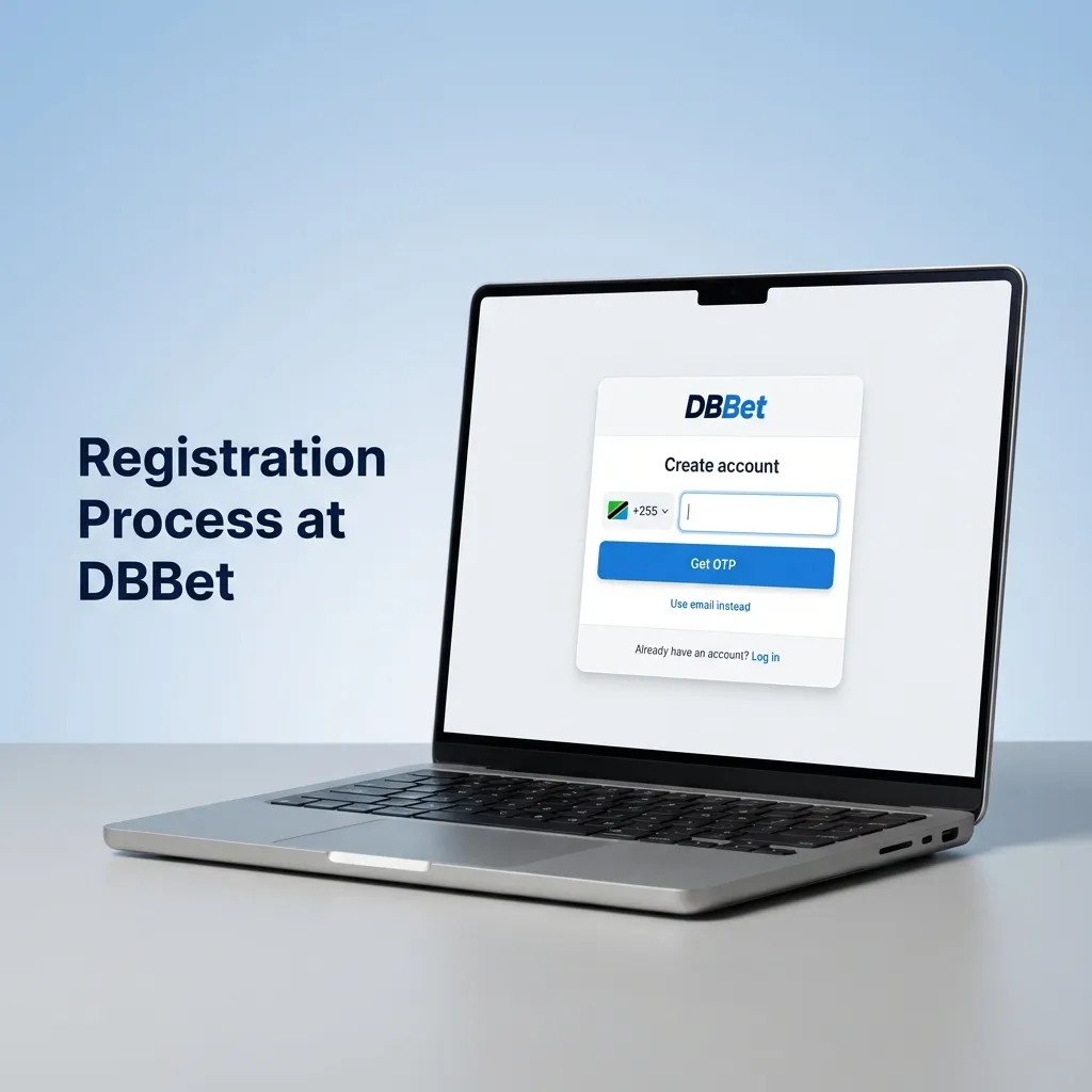 Illustration of DBBet Tanzania registration steps on phone and laptop, from sign-up button to verified betting account