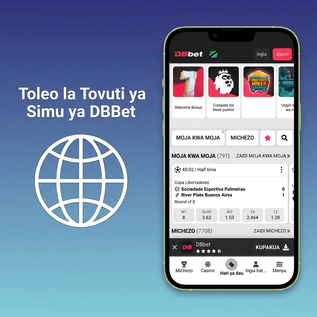 Mchezaji akibeti kwenye tovuti ya simu ya DBBet, akibadilisha kati ya live betting, kasino na wasifu kwenye skrini ya smartphone
