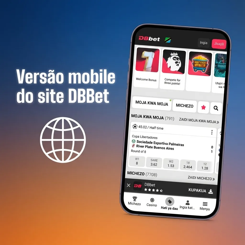 Mockup da versão mobile do site DBBet num smartphone, com menus colapsáveis e slip de apostas flutuante