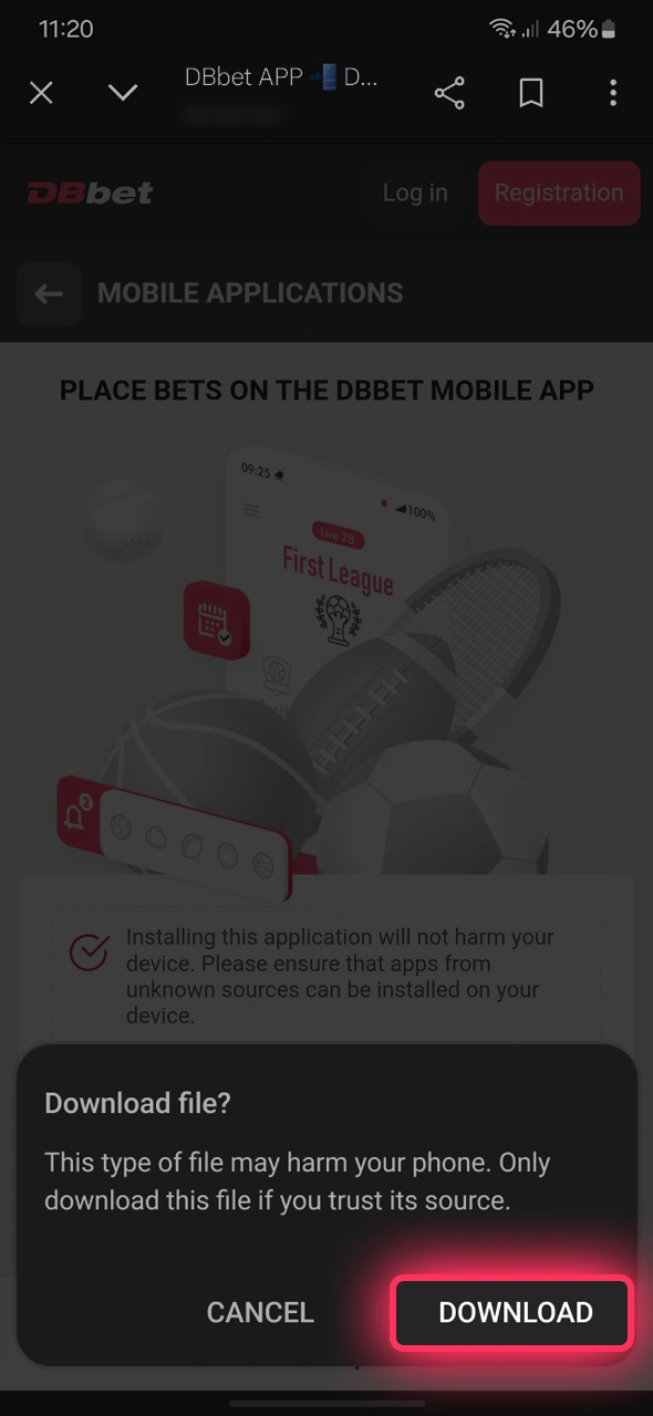 Aceite o download na janela pop-up para obter o instalador do DBBet.