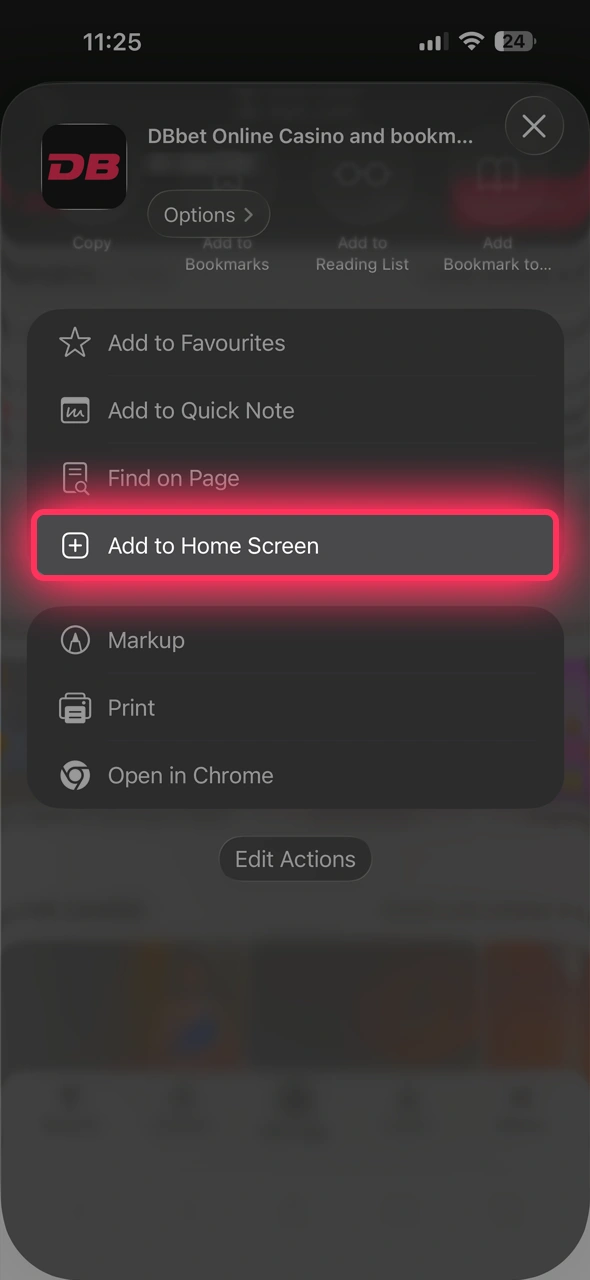 Add to home screen to complete the DBBet iOS installation.