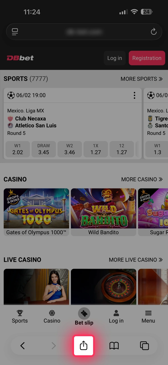 Open the share menu to begin installing DBBet iOS app.