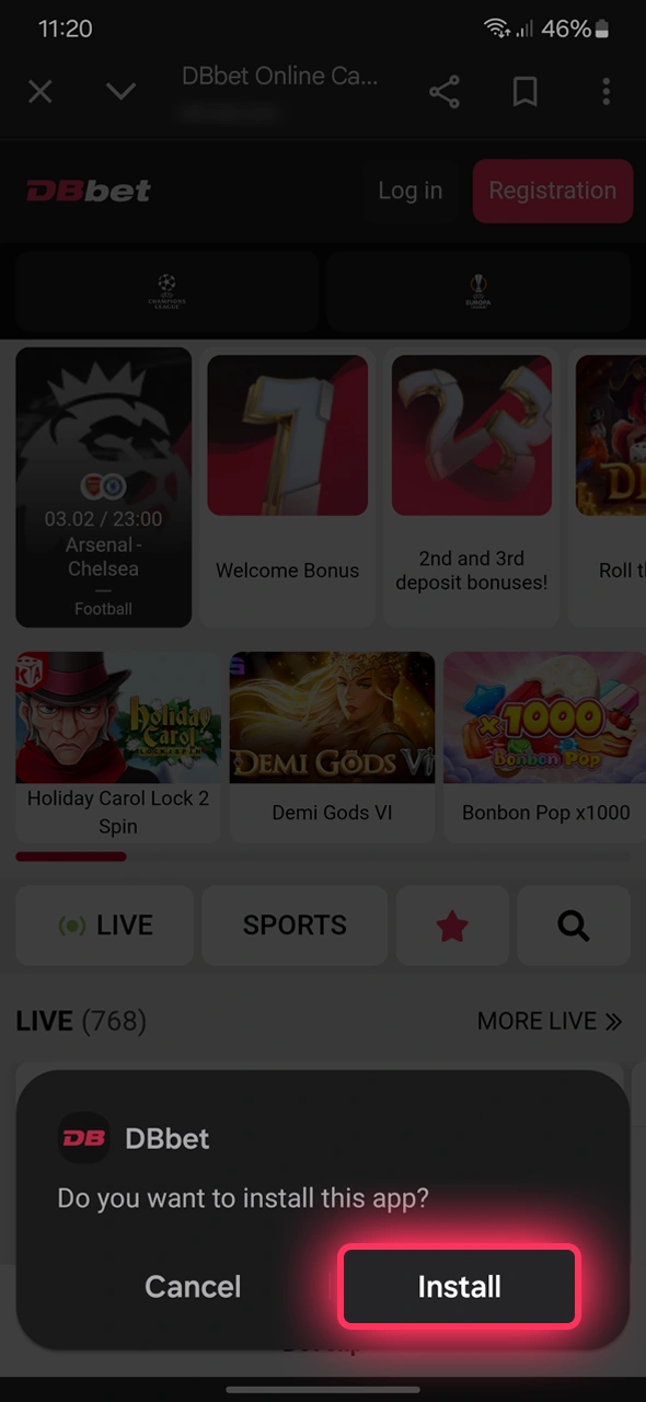 Thitibisha usakinishaji ili kukamilisha mchakato wa programu ya DBBet.