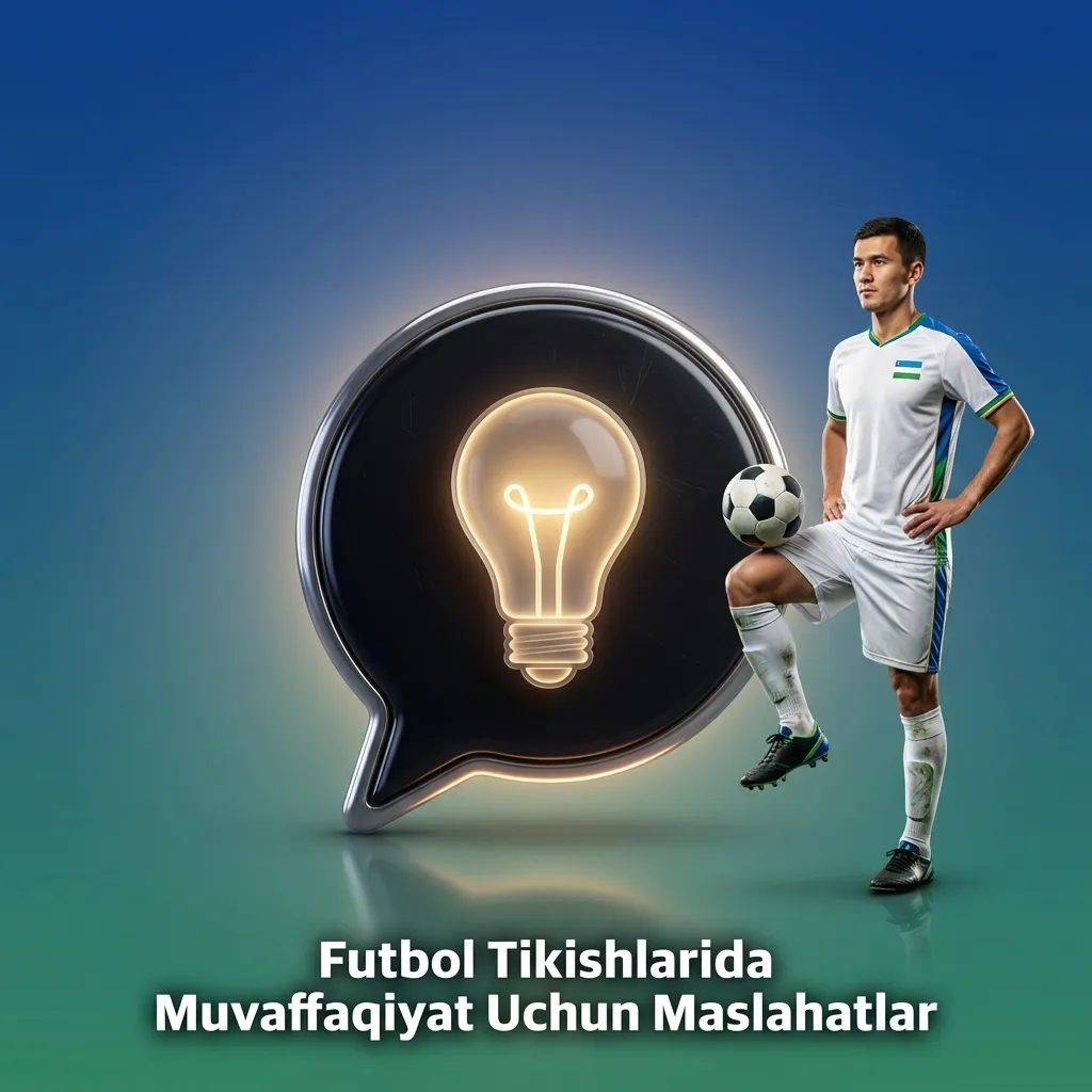 Grafikli slayd: futbol to‘pi va stadion fonida “Futbol tikishlarida muvaffaqiyat uchun maslahatlar” sarlavhasi