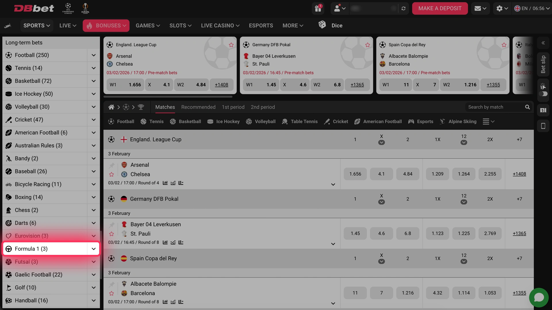 Pata sehemu ya F1 betting kwenye menyu ya michezo ya DBBet.