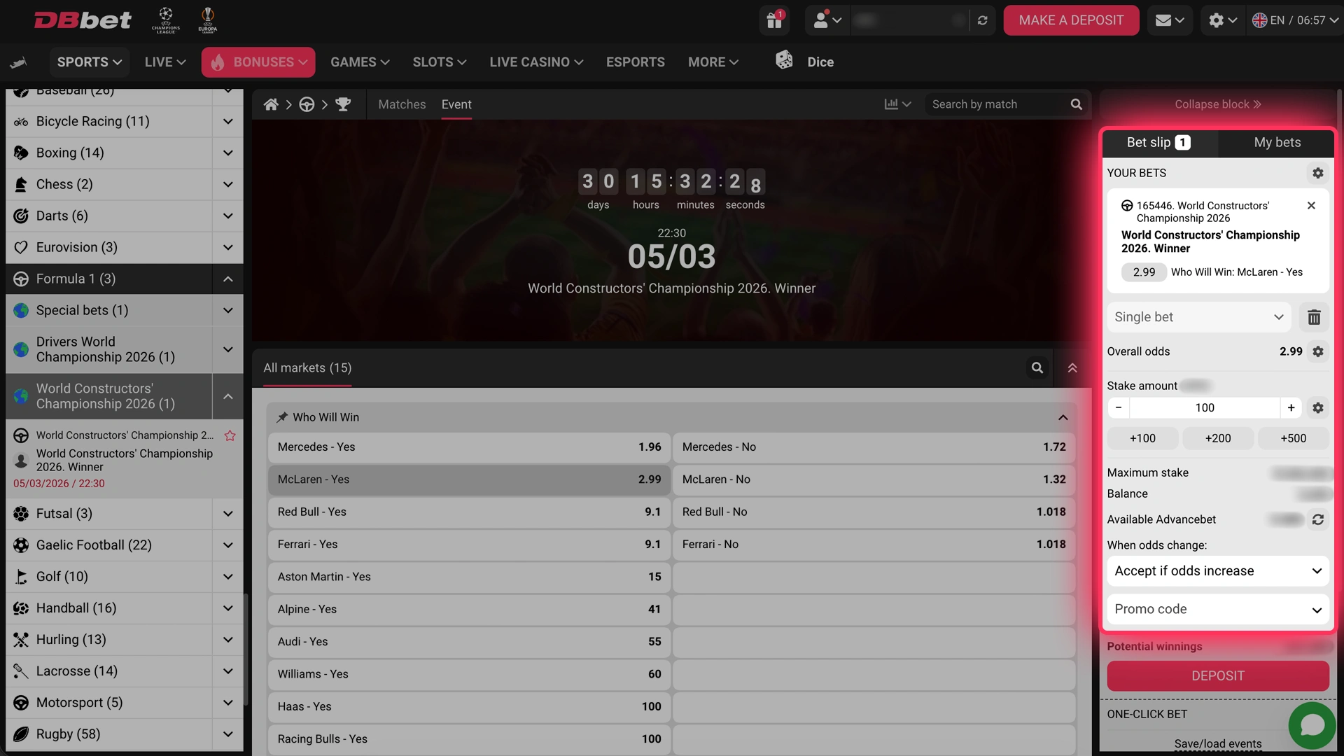 Weka dau na uthibitishe F1 betting kwa mbio ulizochagua kwenye DBBet.