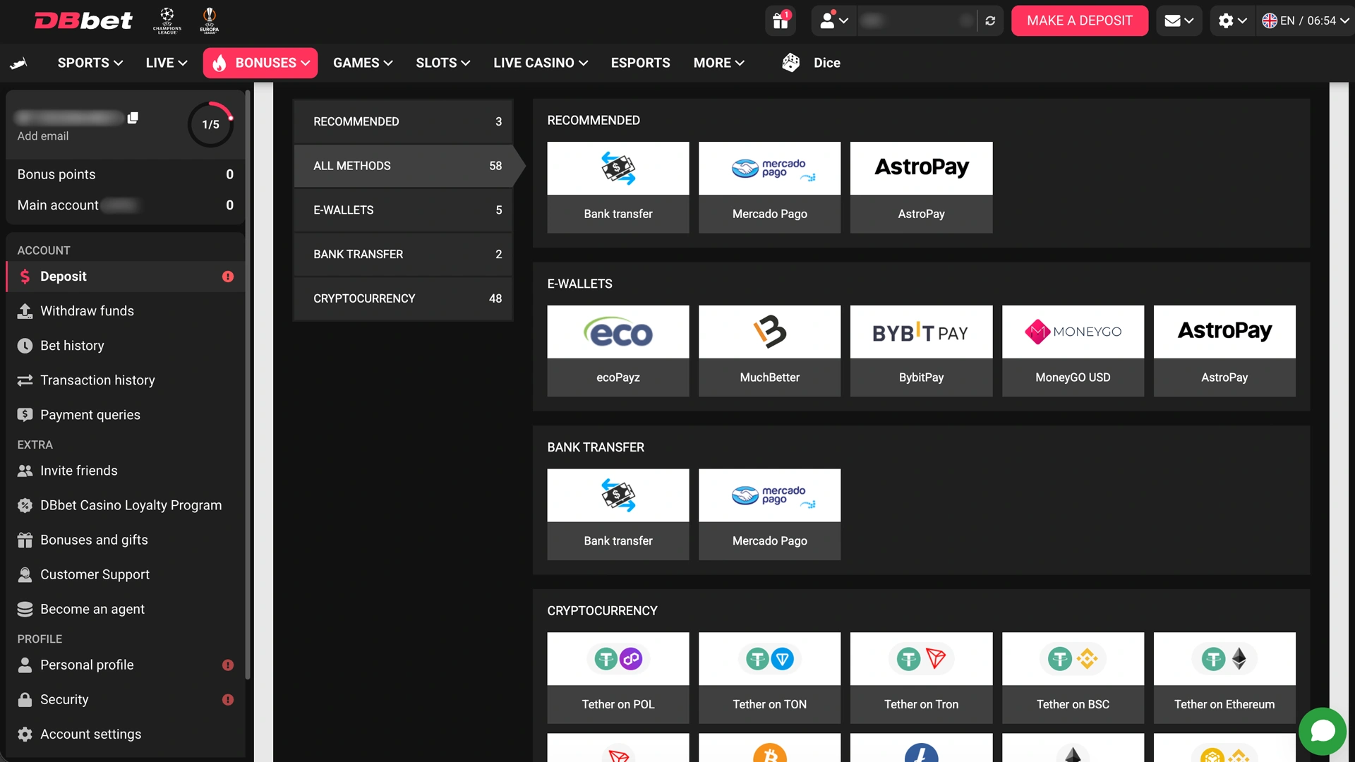 DBBet orqali F1 betting qilish uchun hisobingizni pul bilan to'ldiring.